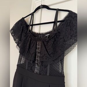 Black off the shoulder lace pant jumpsuit